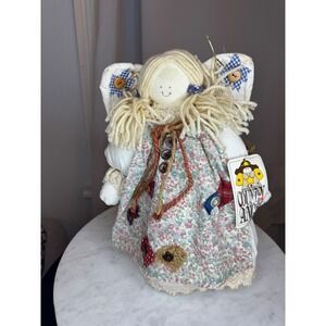 NWT Country‎ Angel Doll Floral Dress Yarn Hair Button Accents Country Chic Decor